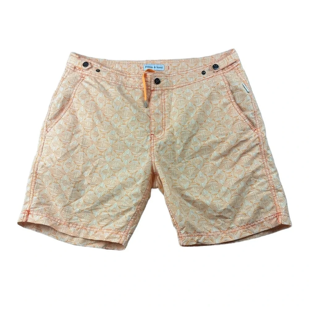 Prince & Bond Swim Trunks Men 34 Orange Elvio 75 Geometric Portugal Made Summer
